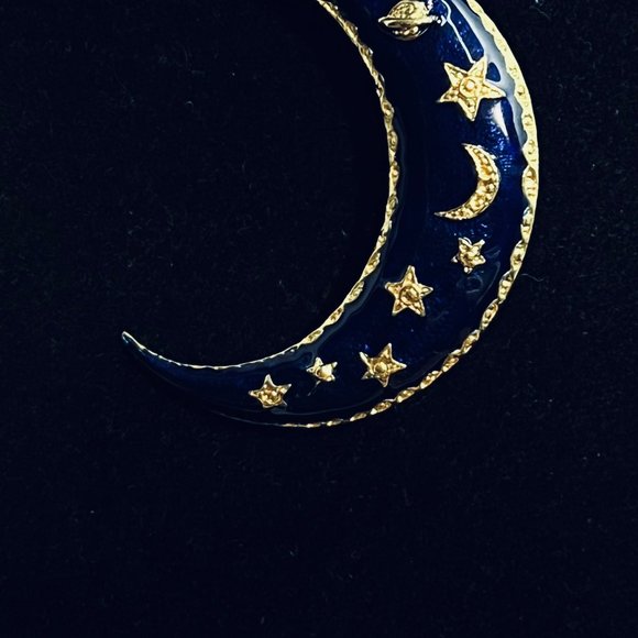 Gold Tone With Cobalt Blue And Gold Enamel Moon Brooch - Picture 3 of 4